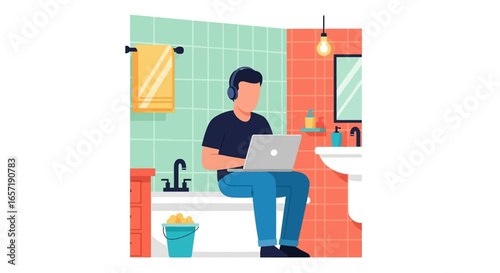Man focused on laptop in bathroom with headphones, symbolizing remote work, flexible lifestyle, and unconventional productivity.