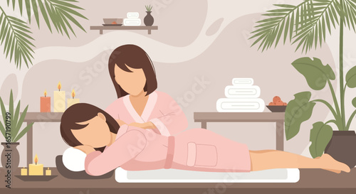 Woman enjoying a relaxing back massage at a tranquil spa, surrounded by candles and plants. Ideal for wellness, beauty, and self-care concepts.