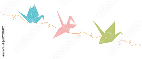 Color origami paper crane connected isolated white
