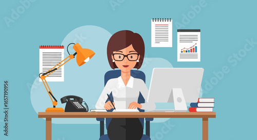 Professional woman focused on her work at an office desk, surrounded by business documents, computer, and essential tools, depicting productivity and diligent administration.