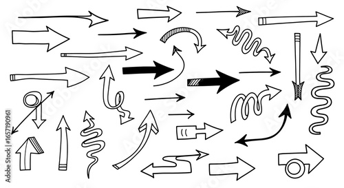 A collection of hand-drawn arrows in various styles, sizes, and directions. Includes straight, curved, and wavy arrows, offering diverse directional indicators. Perfect for design elements.
