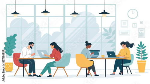 Diverse professionals working diligently on laptops in a modern, bright co-working office. Represents teamwork, innovation, and a productive business environment.