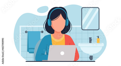 Person with headphones on a laptop in a bathroom, illustrating the challenges and adaptability of remote work from home.