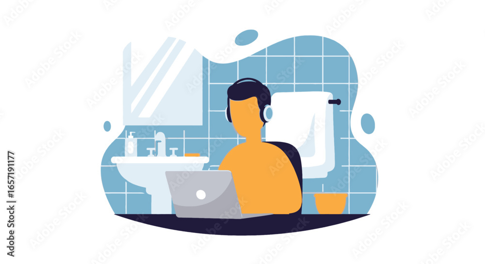 Fototapeta premium Focused person with headphones works on laptop in a bathroom, symbolizing remote work, work-life balance, and adaptable workspaces. Digital nomad concept.
