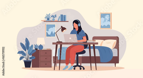 A focused woman works remotely on her laptop with headphones, embodying productive home office life, online learning, or digital business.