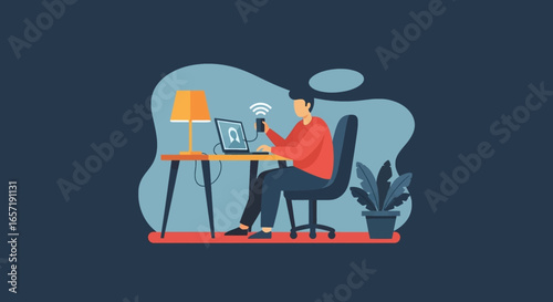 Man working remotely on laptop and smartphone at home, emphasizing connectivity and digital lifestyle for business productivity.