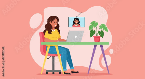 Cheerful woman engaged in a virtual meeting on her laptop, highlighting remote work, online collaboration, and a modern home office lifestyle.