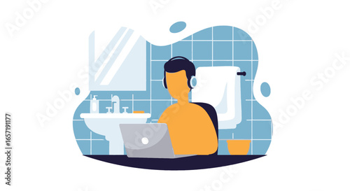 Focused person with headphones works on laptop in a bathroom, symbolizing remote work, work-life balance, and adaptable workspaces. Digital nomad concept.