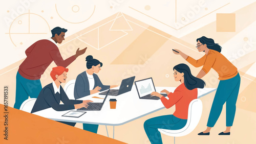 Diverse business team collaborating and analyzing data in a modern office. Ideal for concepts of teamwork, strategy, and professional development.