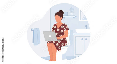 Woman using a laptop while sitting on the toilet, symbolizing remote work, digital lifestyle, and the blurred lines of modern productivity.