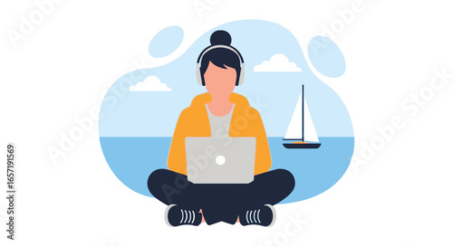Young person with headphones uses a laptop outdoors by the sea, a sailboat visible in the distance. Captures remote work, digital nomad lifestyle, and flexible career concepts.