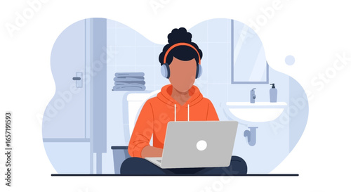 Person with headphones works on laptop in a bathroom, illustrating remote work, flexible lifestyle, and unconventional home office solutions.