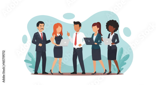 Diverse professional team collaborating with laptops, symbolizing teamwork, communication, and modern business success. Ideal for corporate, HR, and technology themes.