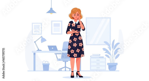 A sad or frustrated woman stands in a home office, expressing emotional distress. Ideal for concepts of work stress, burnout, mental health, or personal challenges.