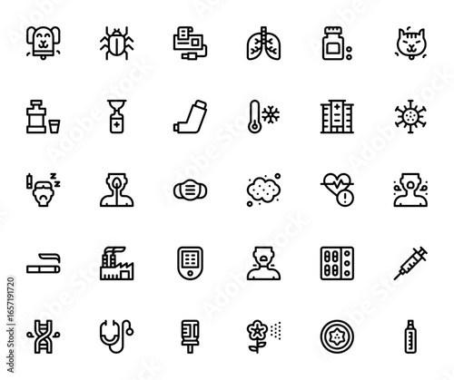 Asthma icon set. Medical vector illustration. Includes symbols for inhaler, lungs, cough, virus, oxygen mask, medicine, hospital and more. Editable stroke.