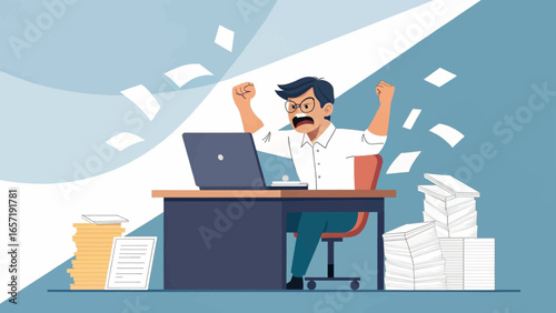 Frustrated businessman overwhelmed by paperwork and a demanding laptop, expressing anger and stress in a busy office environment. Symbolizes burnout.