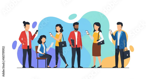 Diverse group of professionals engaged with smartphones and a laptop, symbolizing modern digital communication, networking, and business interaction.