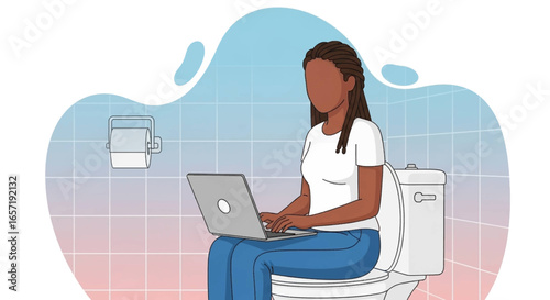 African American woman sits on a toilet in a bathroom, working on a laptop. Illustrates remote work, multitasking, or unexpected office spaces.