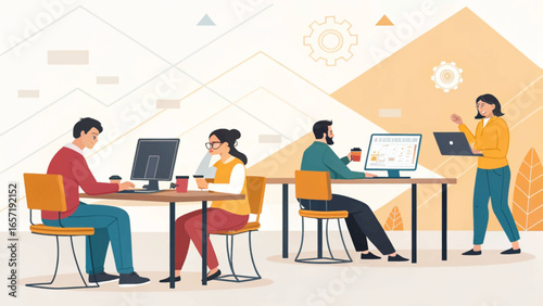 Professionals collaborate in a modern, dynamic office environment, using technology for business and productivity. Ideal for corporate and startup themes.