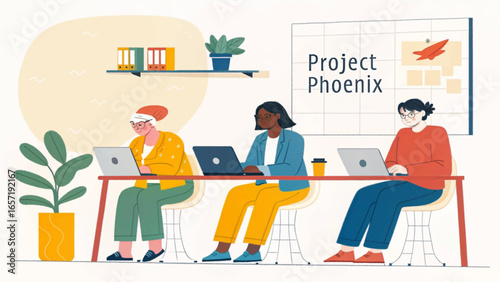 Diverse women collaborate on laptops in a modern office, signifying teamwork, innovation, and project development. Ideal for business, technology, and startup content.
