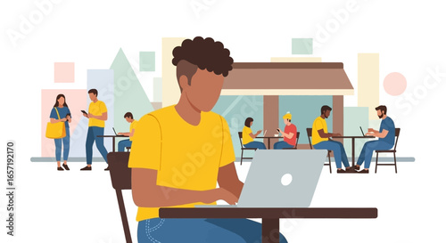 Diverse people engaged with technology in an outdoor urban setting. Main subject working on laptop, showing remote work, connectivity, and modern lifestyle.