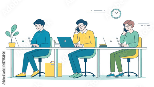 Three male colleagues work productively at a shared desk with laptops and phones, representing modern business communication and collaboration in an office setting.