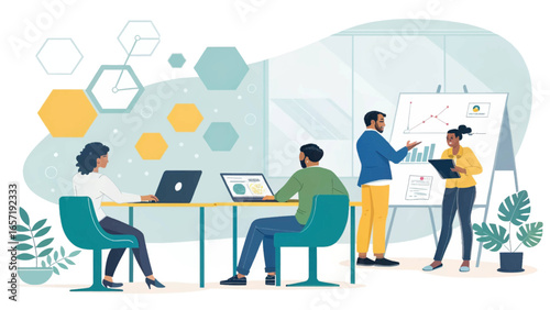 Diverse team collaborating in a modern office, engaged in a business meeting and digital work. Ideal for concepts of innovation, teamwork, and corporate growth.