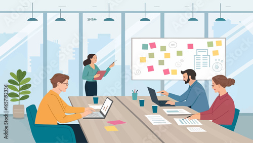 Professionals collaborate in a modern office meeting, discussing ideas and working efficiently. Ideal for business, teamwork, corporate strategy, and office environment concepts.