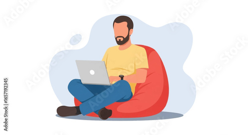 Man working remotely on a laptop while comfortably seated on a red bean bag chair. Ideal for concepts of flexible work, freelancing, and digital lifestyle.