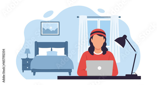 Woman working remotely on laptop at a home desk, illustrating online business, comfortable lifestyle, and flexible work concept.