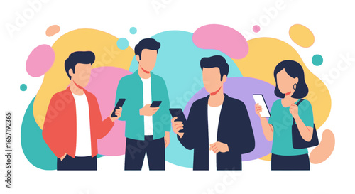 Diverse group of people engaging with their smartphones, symbolizing digital connectivity, social networking, and modern communication in a colorful setting.