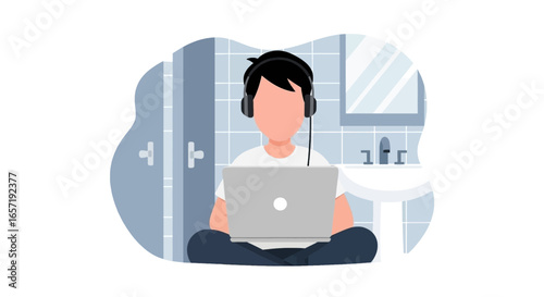 Young person with headphones working on laptop from a minimalist home bathroom. Illustrates remote work, flexible lifestyle, or digital nomad concepts.