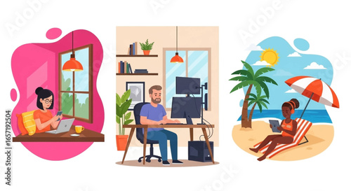 People working remotely from home and a beach, depicting flexible modern work, digital lifestyle, and work-life balance. Ideal for business and travel.