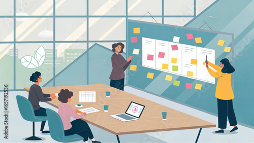 Diverse women collaborate in a modern office meeting, actively using a project board with sticky notes for strategic planning and brainstorming. Great for business, teamwork.