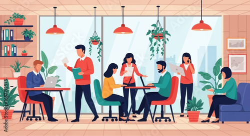 Diverse professionals collaborate in a modern, open-plan office, fostering teamwork and productivity in a vibrant business environment.