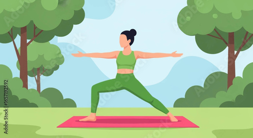Woman practices yoga in a serene outdoor park, embodying health, peace, and balance. Perfect for wellness, fitness, and lifestyle projects.