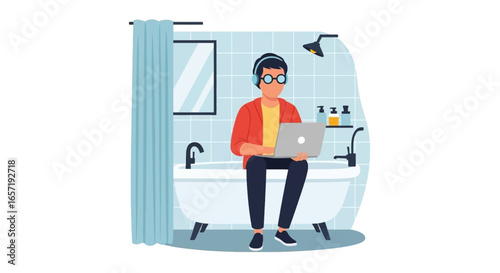Person working remotely on a laptop in a bathroom, illustrating flexible work arrangements and unconventional productivity.