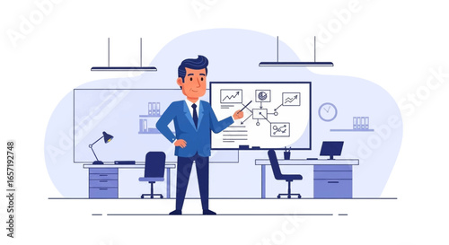 A confident businessman presents data on a whiteboard in a modern office, ideal for concepts like growth, strategy, training, and teamwork.