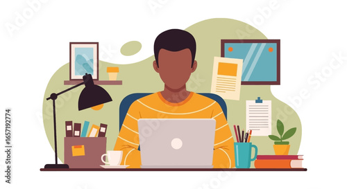 Focused man using a laptop at his organized home office desk. Perfect for concepts of remote work, online learning, or business productivity.