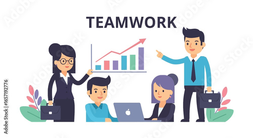 A group of business professionals collaborating, analyzing data for growth and achieving success. Represents effective teamwork and partnership.