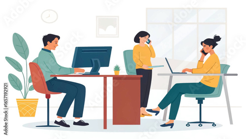 Three diverse professionals working together in a modern office, engaged in tasks and communication. Ideal for business, teamwork, and productivity concepts.