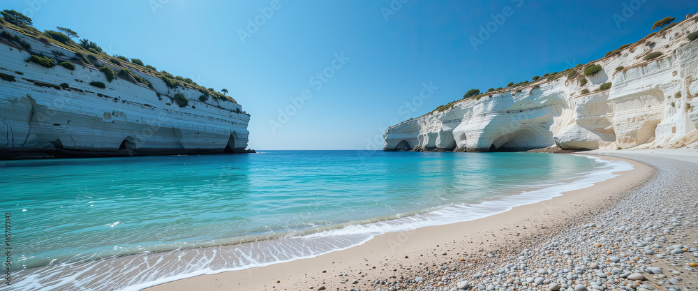 Fototapeta premium Scenic coastal landscape with turquoise sea, white cliffs and sandy beach under clear blue sky, pristine natural environment creating idyllic travel destination and summer vacation background