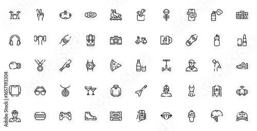 Youth lifestyle icon set. Vector illustration of modern young adult activities and items including drum set, VR glasses, roller skate, selfie, sneakers, cocktails, and more.