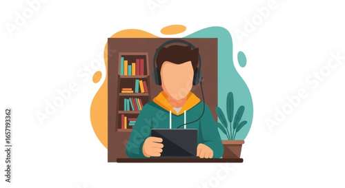 Person in headphones using a tablet at a desk, with a bookshelf and plant. Ideal for online learning, remote work, and digital entertainment concepts.