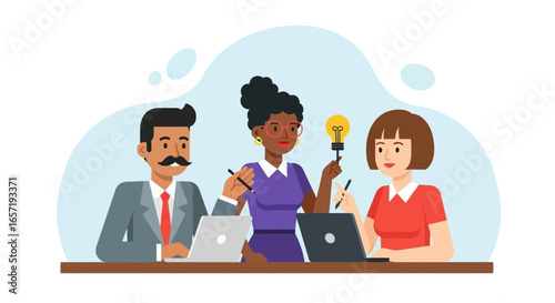 Diverse business team collaborating on innovative ideas at an office desk. Perfect for concepts of teamwork, brainstorming, and creative solutions.