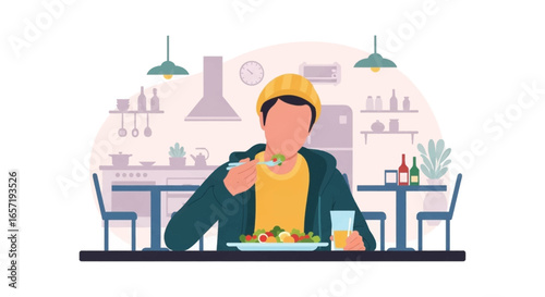 Person enjoying a fresh salad and juice in a modern kitchen setting. Healthy eating, wellness, and balanced lifestyle.