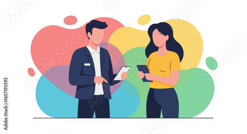 Two professional individuals communicating and exchanging information via mobile phones, set against a vibrant abstract background. Ideal for business, technology, or digital lifestyle concepts.