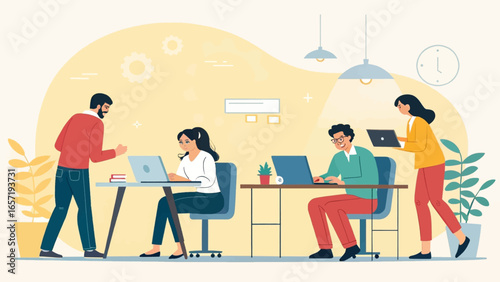 Diverse team collaborating and working diligently in a bright, modern office. Ideal for business, technology, and productivity concepts.