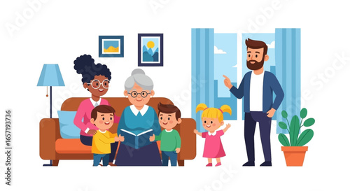 Multi-generational family gathered at home. Grandmother reads to excited children while parents look on, depicting heartwarming family bonding and early learning concepts.