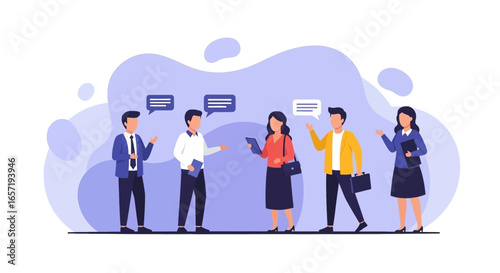 Diverse business professionals engage in a lively discussion, exchanging ideas and collaborating on projects. Ideal for concepts of teamwork, communication, and corporate strategy.